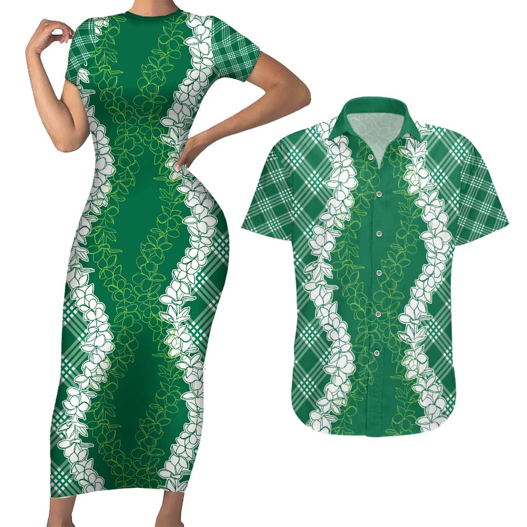 Hawaii Aloha Plumeria Lei Green Palaka Couples Matching Short Sleeve Bodycon Dress and Hawaiian Shirt - Polynesian Pride