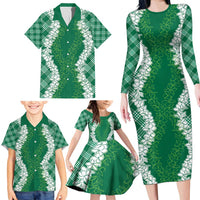 Hawaii Aloha Plumeria Lei Green Palaka Family Matching Long Sleeve Bodycon Dress and Hawaiian Shirt - Polynesian Pride
