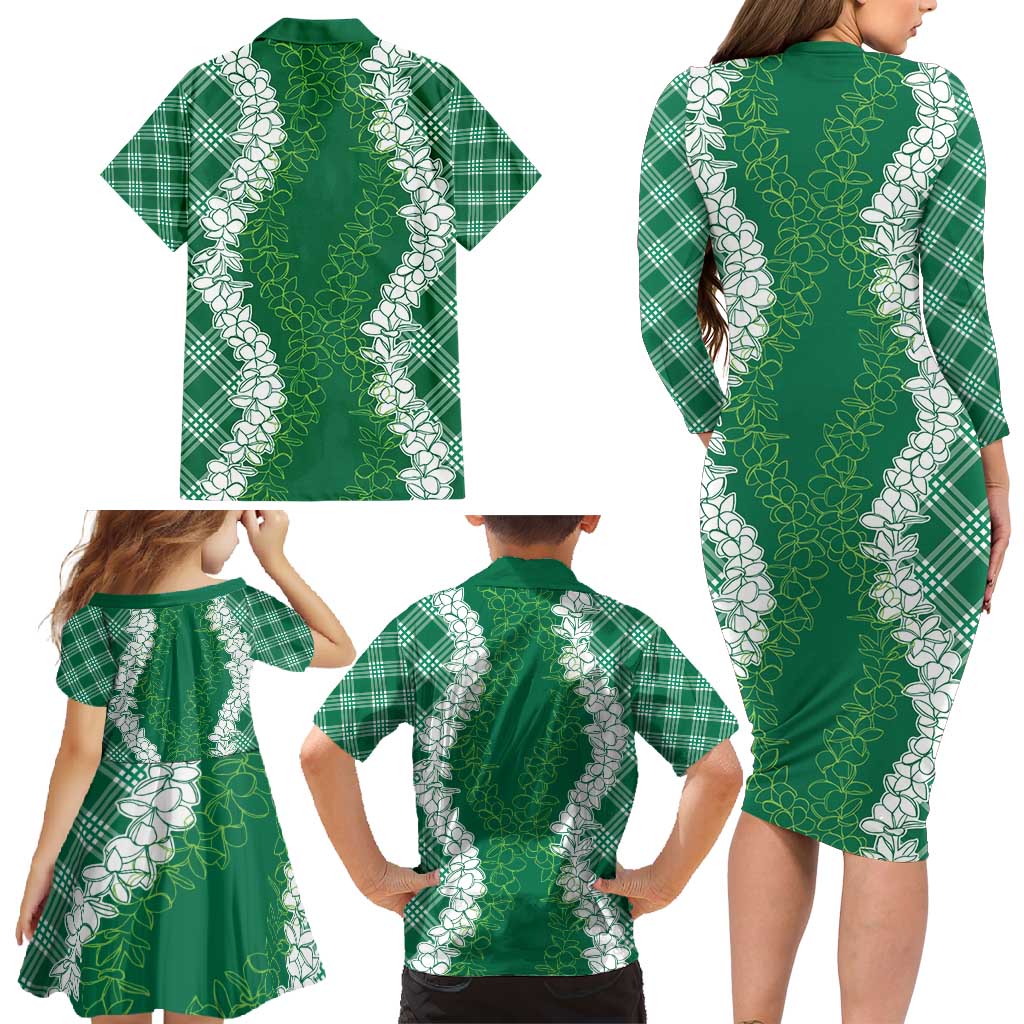 Hawaii Aloha Plumeria Lei Green Palaka Family Matching Long Sleeve Bodycon Dress and Hawaiian Shirt - Polynesian Pride