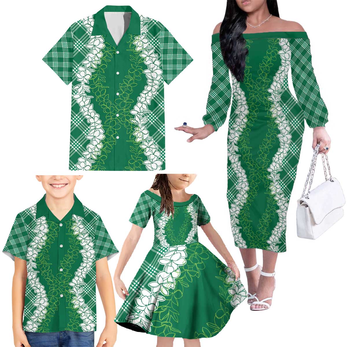 Hawaii Aloha Plumeria Lei Green Palaka Family Matching Off The Shoulder Long Sleeve Dress and Hawaiian Shirt - Polynesian Pride