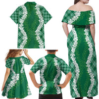 Hawaii Aloha Plumeria Lei Green Palaka Family Matching Off Shoulder Maxi Dress and Hawaiian Shirt - Polynesian Pride