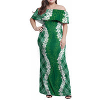 Hawaii Aloha Plumeria Lei Green Palaka Family Matching Off Shoulder Maxi Dress and Hawaiian Shirt - Polynesian Pride