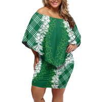 Hawaii Aloha Plumeria Lei Green Palaka Family Matching Off Shoulder Short Dress and Hawaiian Shirt - Polynesian Pride