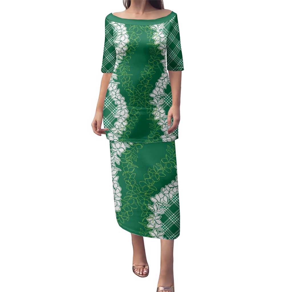 Hawaii Aloha Plumeria Lei Green Palaka Family Matching Puletasi and Hawaiian Shirt - Polynesian Pride