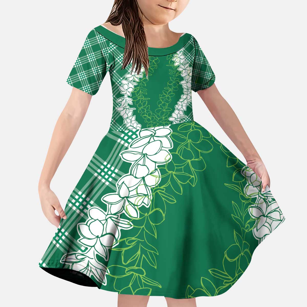 Hawaii Aloha Plumeria Lei Green Palaka Kid Short Sleeve Dress - Polynesian Pride