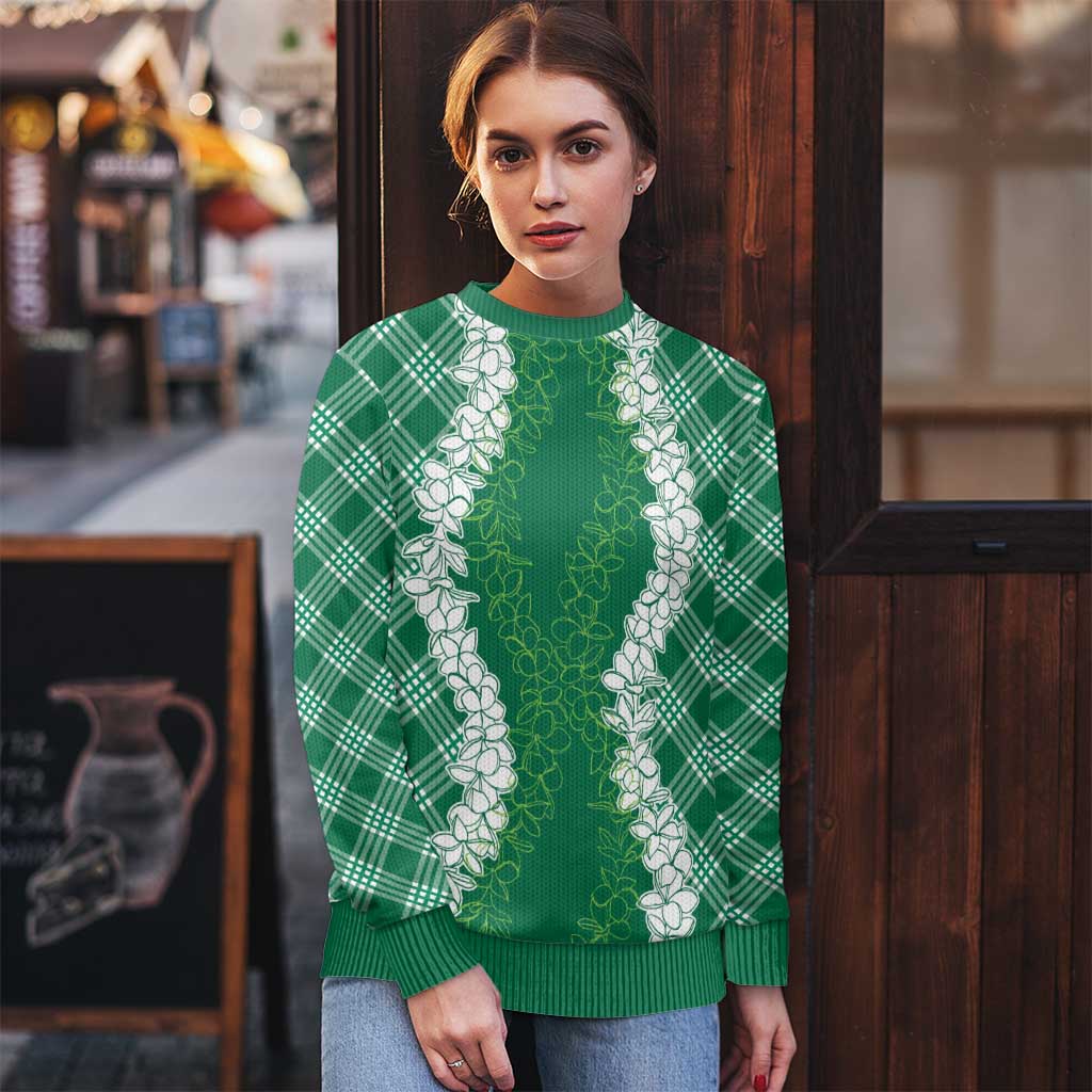 Hawaii Aloha Plumeria Lei Green Palaka Ugly Christmas Sweater - Polynesian Pride