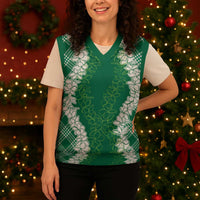 Hawaii Aloha Plumeria Lei Green Palaka Christmas Knitted V-Neck Vest - Polynesian Pride