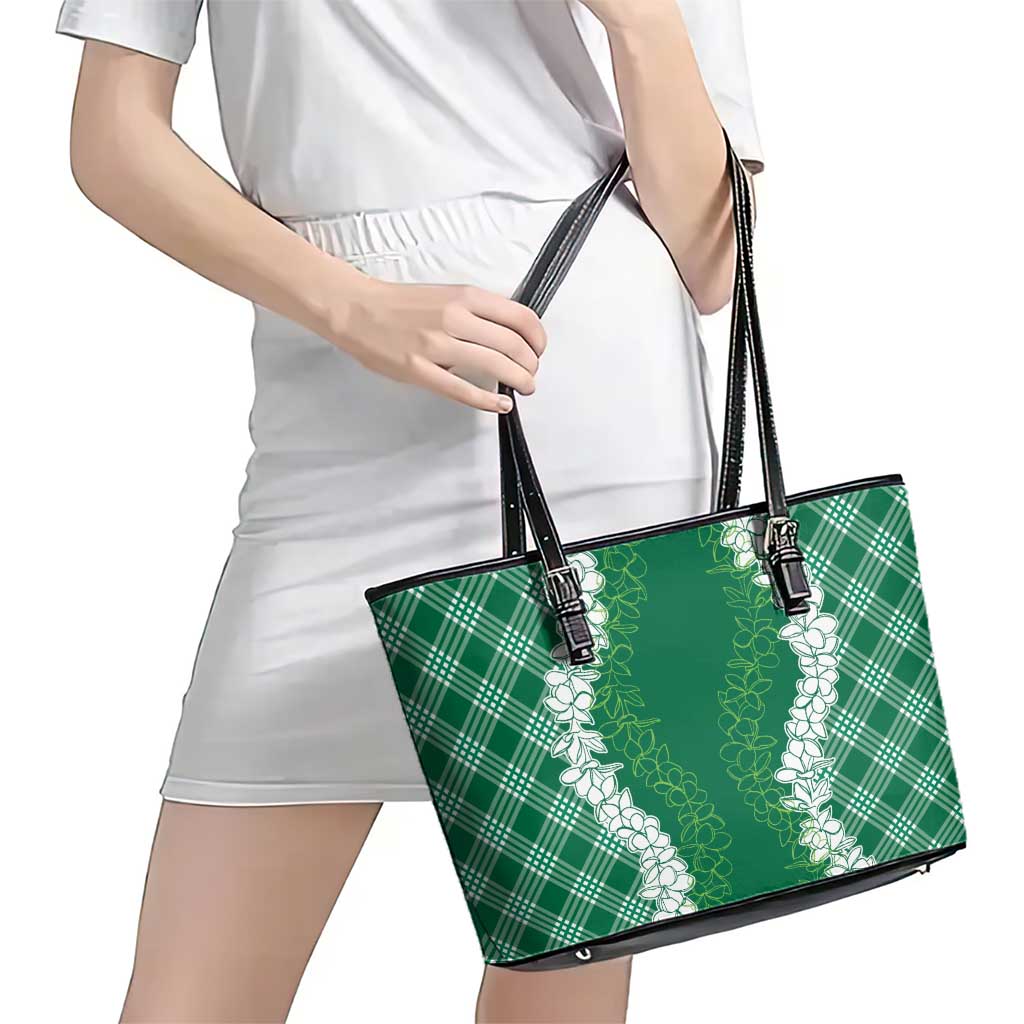 Hawaii Aloha Plumeria Lei Green Palaka Leather Tote Bag LT7 - Polynesian Pride