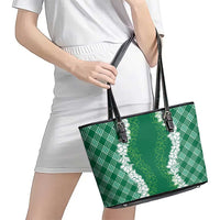 Hawaii Aloha Plumeria Lei Green Palaka Leather Tote Bag LT7 - Polynesian Pride