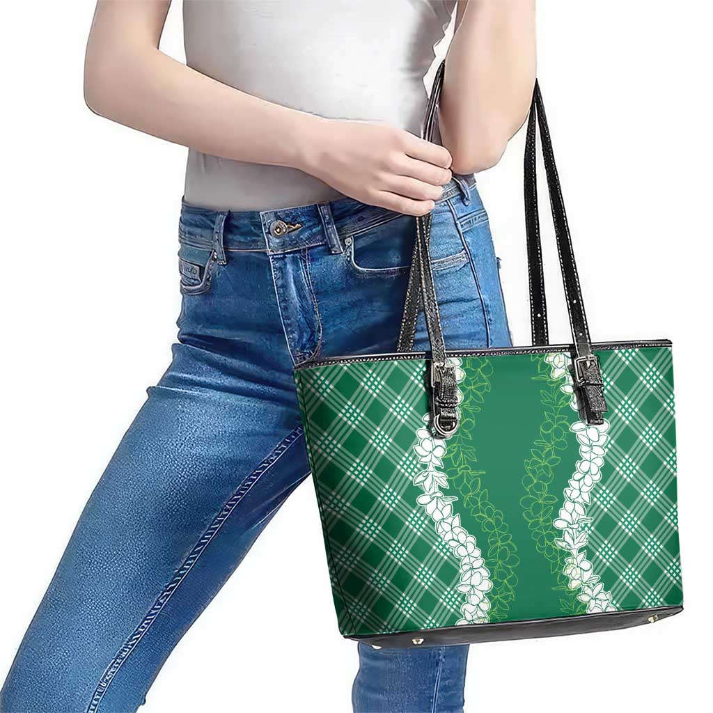 Hawaii Aloha Plumeria Lei Green Palaka Leather Tote Bag LT7 - Polynesian Pride