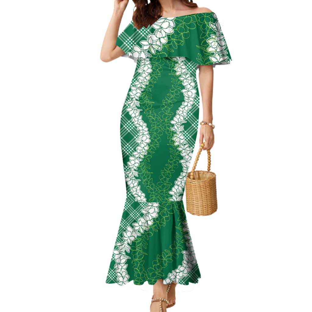 Hawaii Aloha Plumeria Lei Green Palaka Mermaid Dress - Polynesian Pride