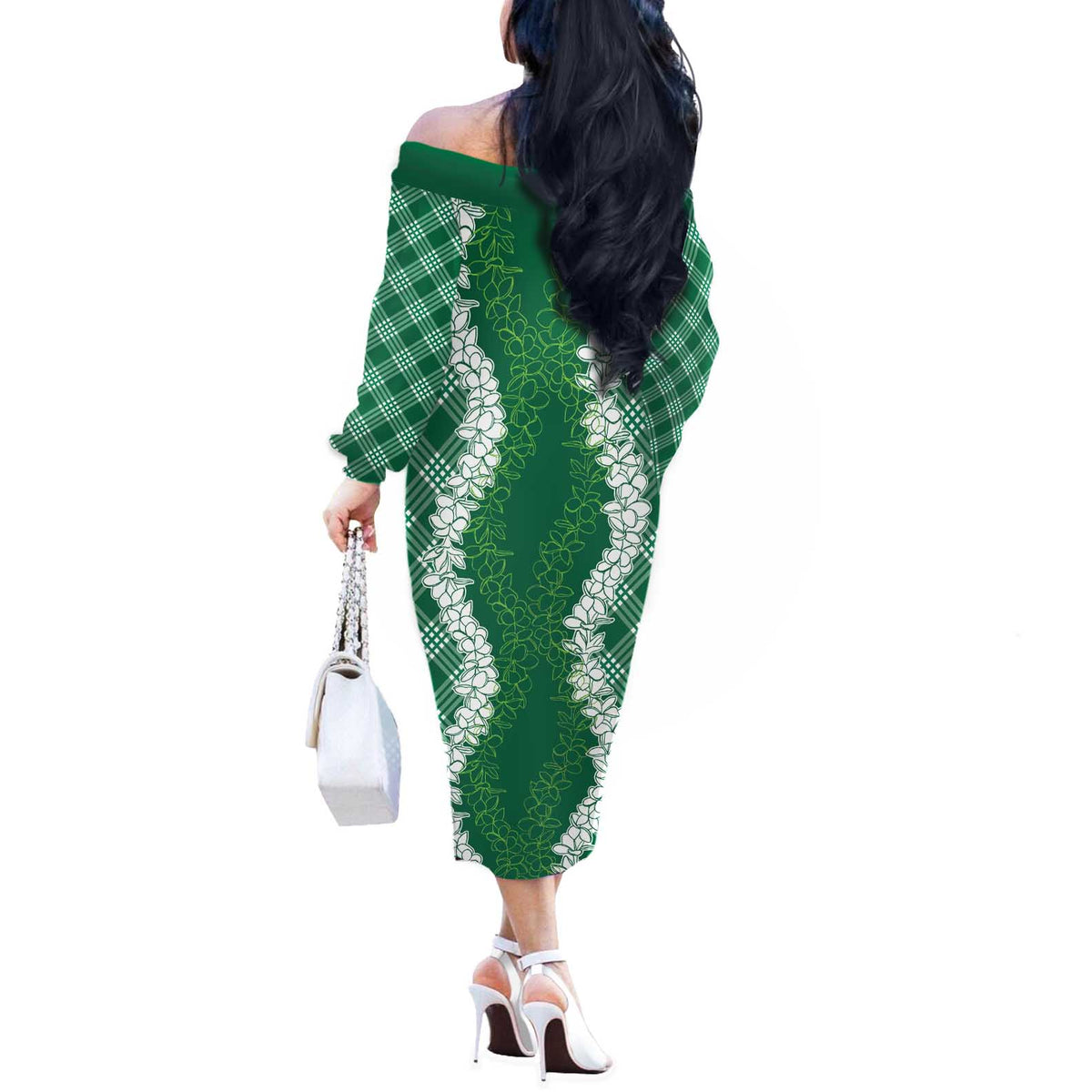 Hawaii Aloha Plumeria Lei Green Palaka Off The Shoulder Long Sleeve Dress - Polynesian Pride