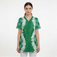 Hawaii Aloha Plumeria Lei Green Palaka Scrub Top - Polynesian Pride