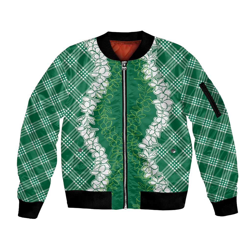 Hawaii Aloha Plumeria Lei Green Palaka Sleeve Zip Bomber Jacket - Polynesian Pride