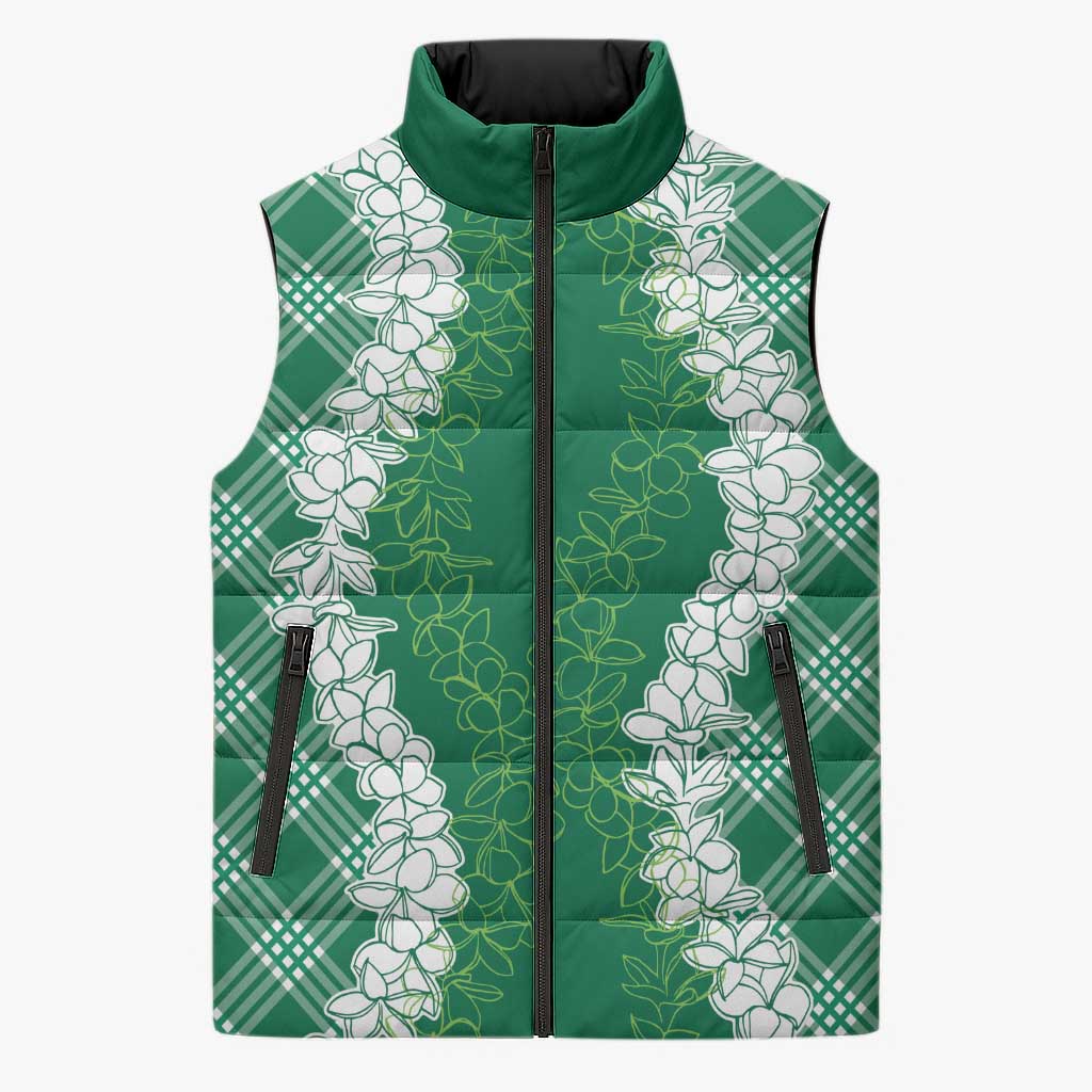 Hawaii Aloha Plumeria Lei Green Palaka Sleeveless Puffer Jacket - Polynesian Pride