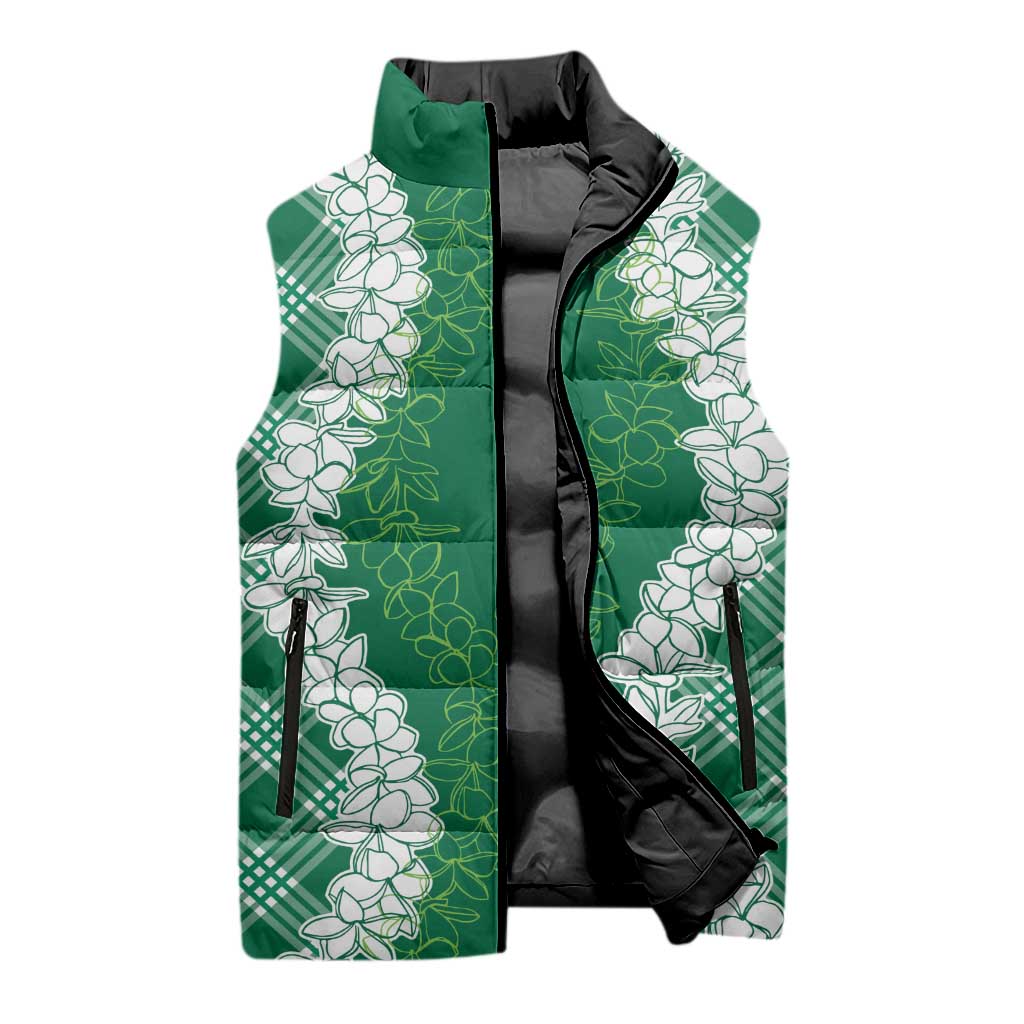 Hawaii Aloha Plumeria Lei Green Palaka Sleeveless Puffer Jacket - Polynesian Pride