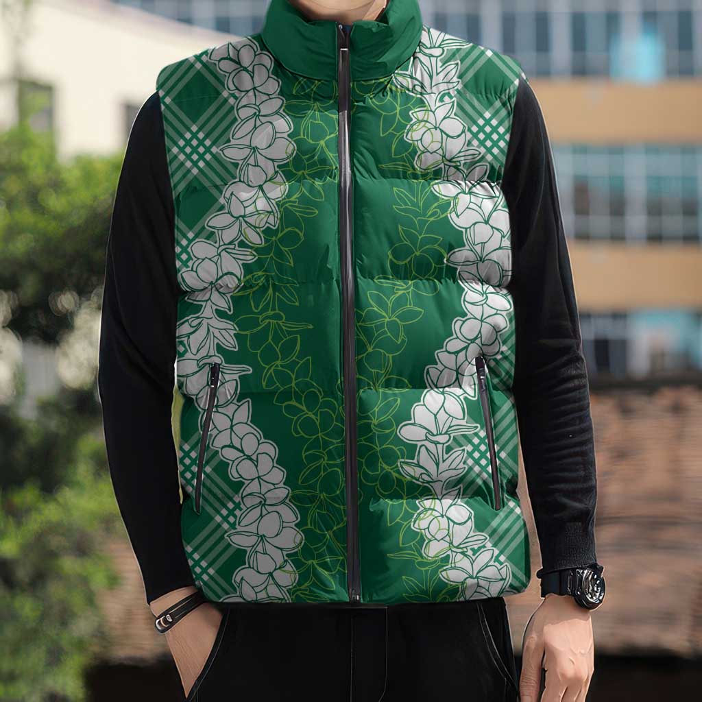 Hawaii Aloha Plumeria Lei Green Palaka Sleeveless Puffer Jacket - Polynesian Pride