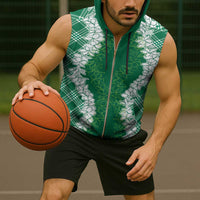 Hawaii Aloha Plumeria Lei Green Palaka Sleeveless Zip Hoodie - Polynesian Pride