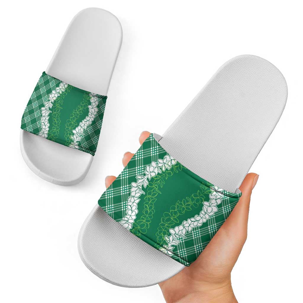 Hawaii Aloha Plumeria Lei Green Palaka Slide Sandals - Polynesian Pride