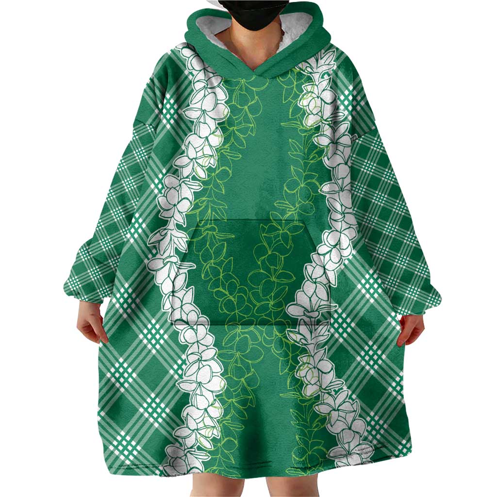 Hawaii Aloha Plumeria Lei Green Palaka Wearable Blanket Hoodie - Polynesian Pride