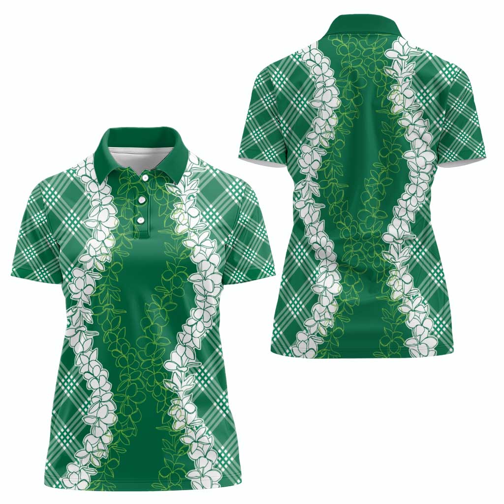 Hawaii Aloha Plumeria Lei Green Palaka Women Polo Shirt - Polynesian Pride