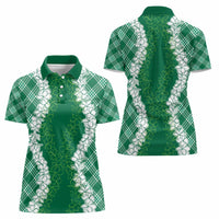 Hawaii Aloha Plumeria Lei Green Palaka Women Polo Shirt - Polynesian Pride