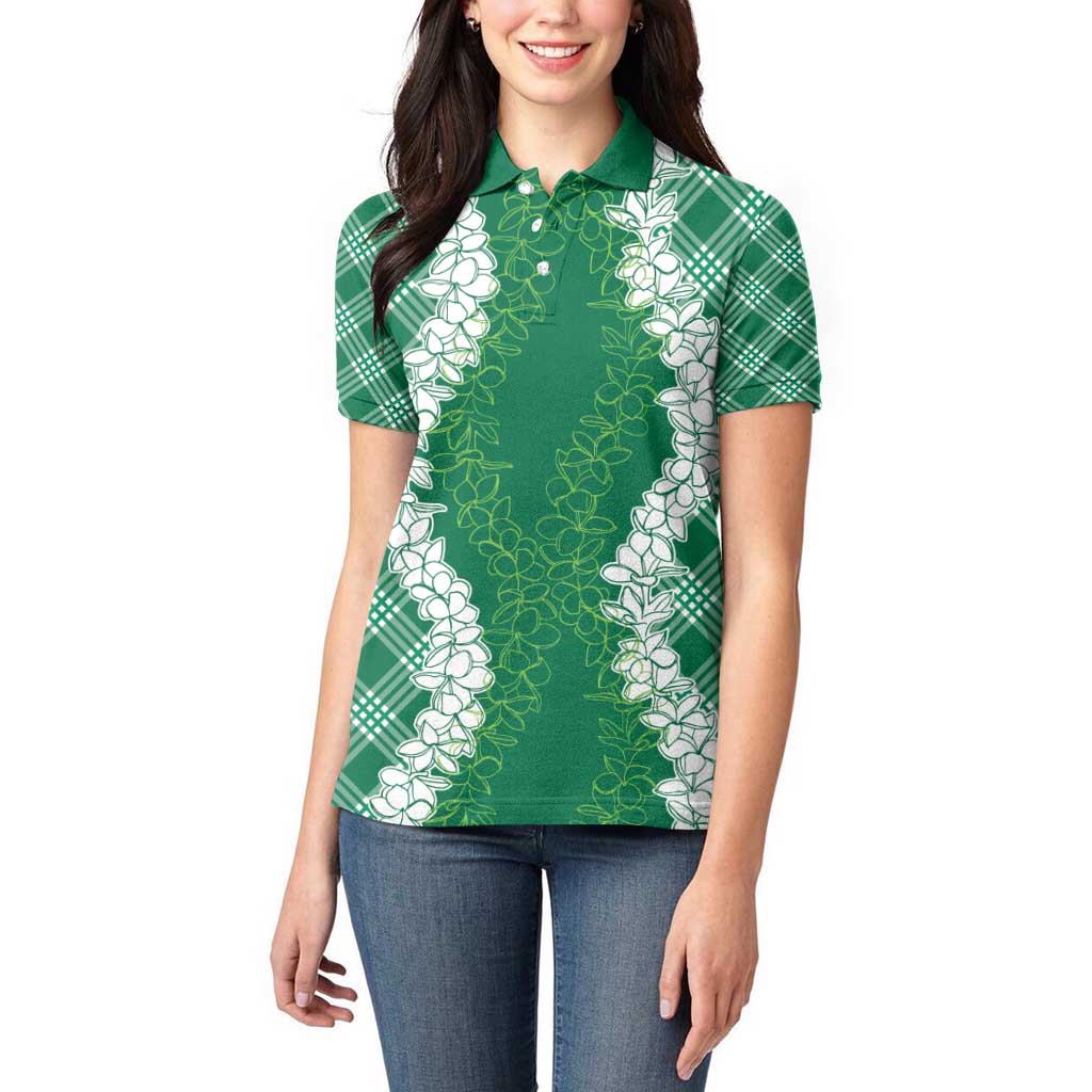 Hawaii Aloha Plumeria Lei Green Palaka Women Polo Shirt - Polynesian Pride
