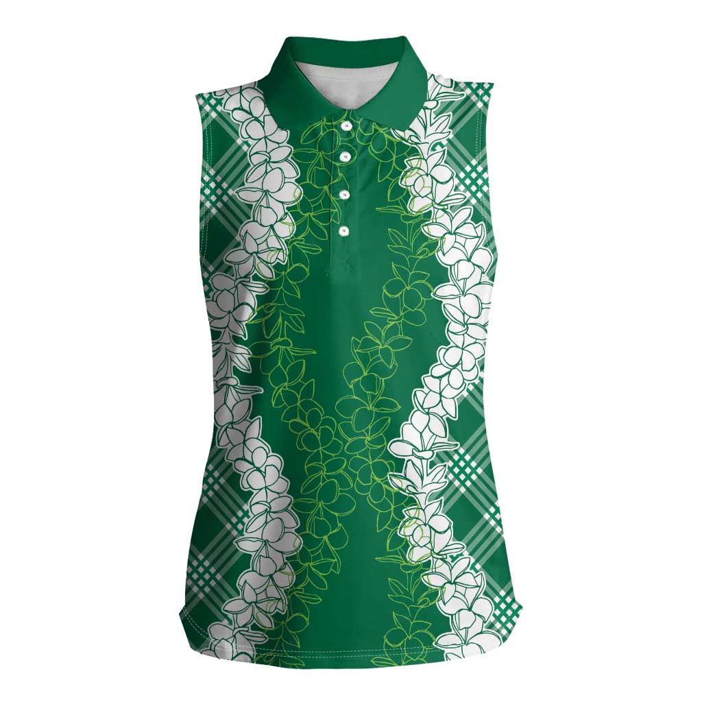 Hawaii Aloha Plumeria Lei Green Palaka Women Sleeveless Polo Shirt - Polynesian Pride