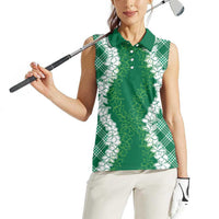 Hawaii Aloha Plumeria Lei Green Palaka Women Sleeveless Polo Shirt - Polynesian Pride