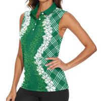 Hawaii Aloha Plumeria Lei Green Palaka Women Sleeveless Polo Shirt - Polynesian Pride