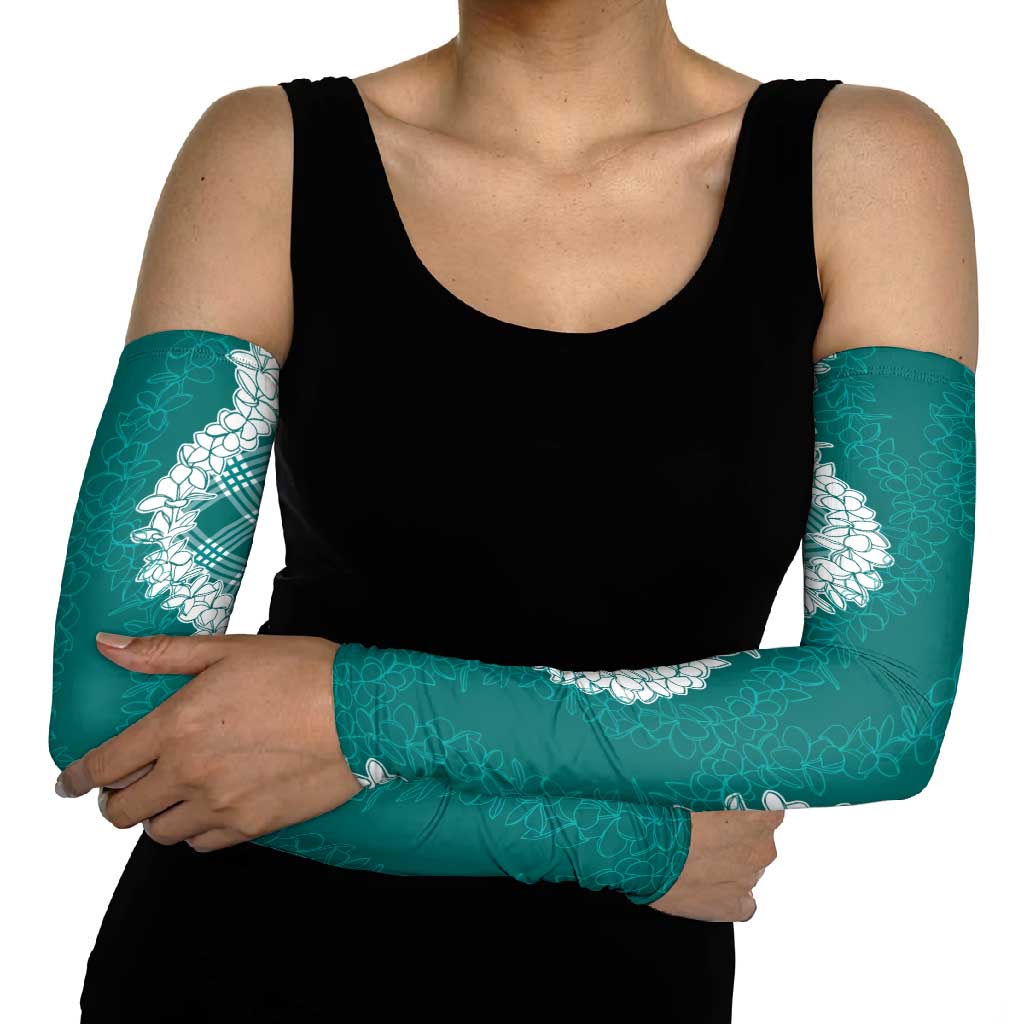 Hawaii Aloha Plumeria Lei Teal Palaka Arm Sleeves - Polynesian Pride
