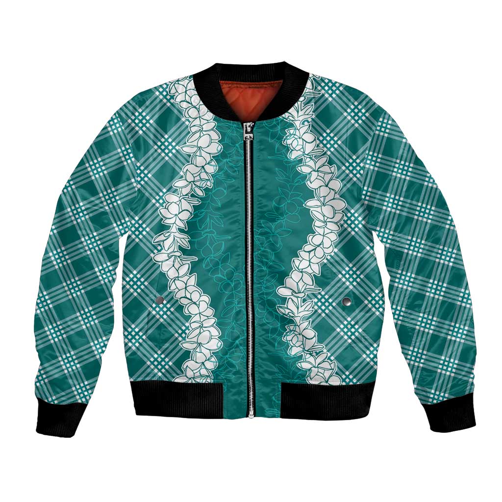 Hawaii Aloha Plumeria Lei Teal Palaka Bomber Jacket - Polynesian Pride