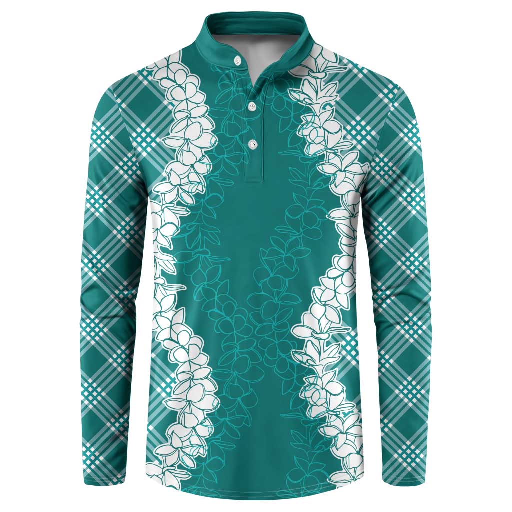 Hawaii Aloha Plumeria Lei Teal Palaka Button Sweatshirt - Polynesian Pride
