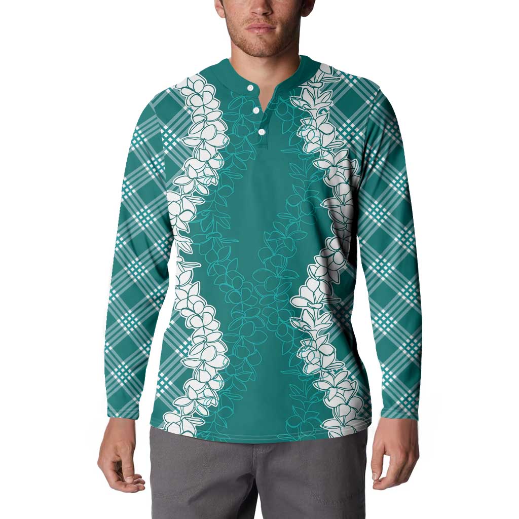Hawaii Aloha Plumeria Lei Teal Palaka Button Sweatshirt - Polynesian Pride