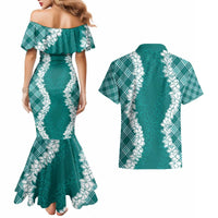 Hawaii Aloha Plumeria Lei Teal Palaka Couples Matching Mermaid Dress and Hawaiian Shirt - Polynesian Pride
