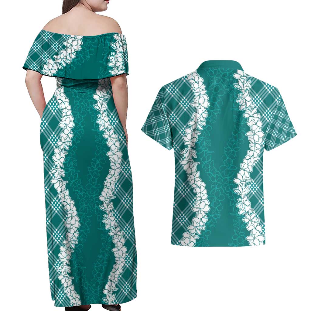 Hawaii Aloha Plumeria Lei Teal Palaka Couples Matching Off Shoulder Maxi Dress and Hawaiian Shirt - Polynesian Pride
