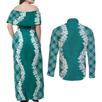 Hawaii Aloha Plumeria Lei Teal Palaka Couples Matching Off Shoulder Maxi Dress and Long Sleeve Button Shirt - Polynesian Pride