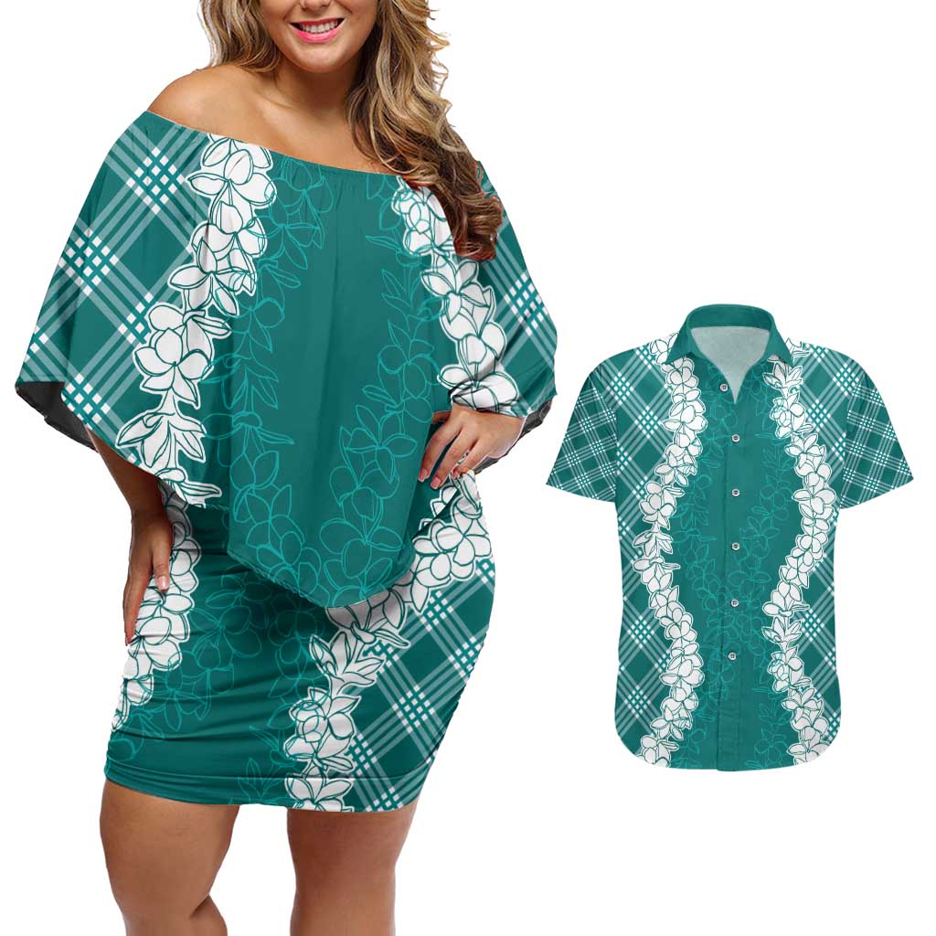 Hawaii Aloha Plumeria Lei Teal Palaka Couples Matching Off Shoulder Short Dress and Hawaiian Shirt - Polynesian Pride