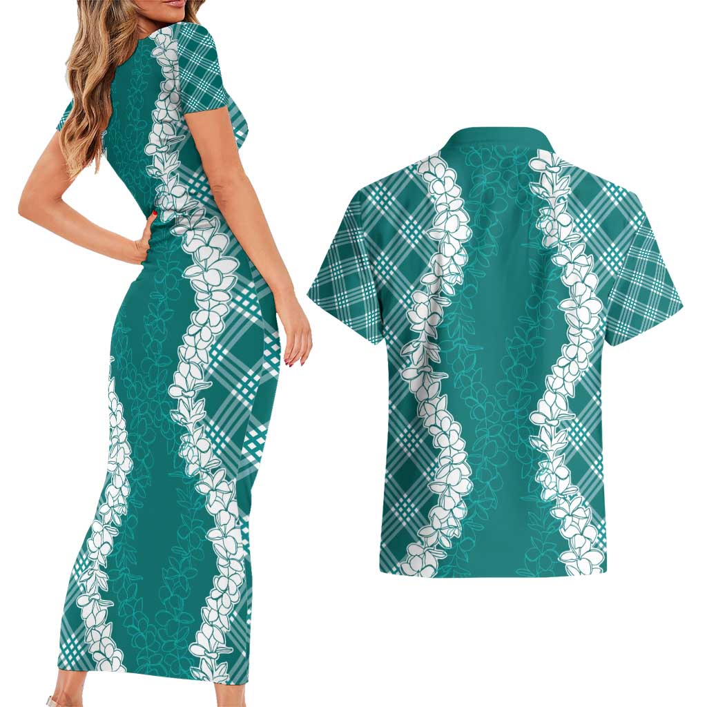 Hawaii Aloha Plumeria Lei Teal Palaka Couples Matching Short Sleeve Bodycon Dress and Hawaiian Shirt - Polynesian Pride