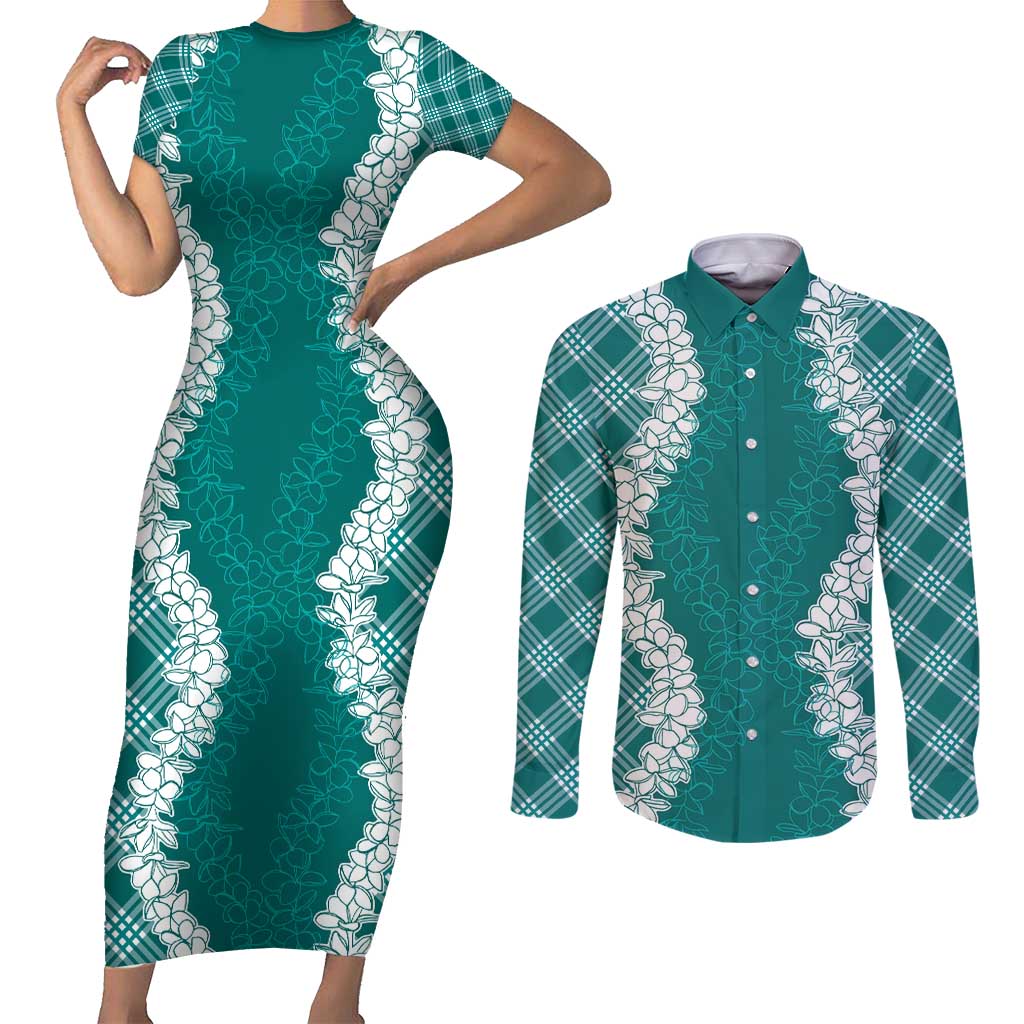 Hawaii Aloha Plumeria Lei Teal Palaka Couples Matching Short Sleeve Bodycon Dress and Long Sleeve Button Shirt - Polynesian Pride