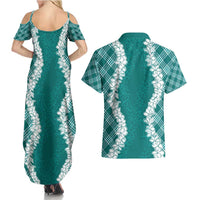 Hawaii Aloha Plumeria Lei Teal Palaka Couples Matching Summer Maxi Dress and Hawaiian Shirt - Polynesian Pride