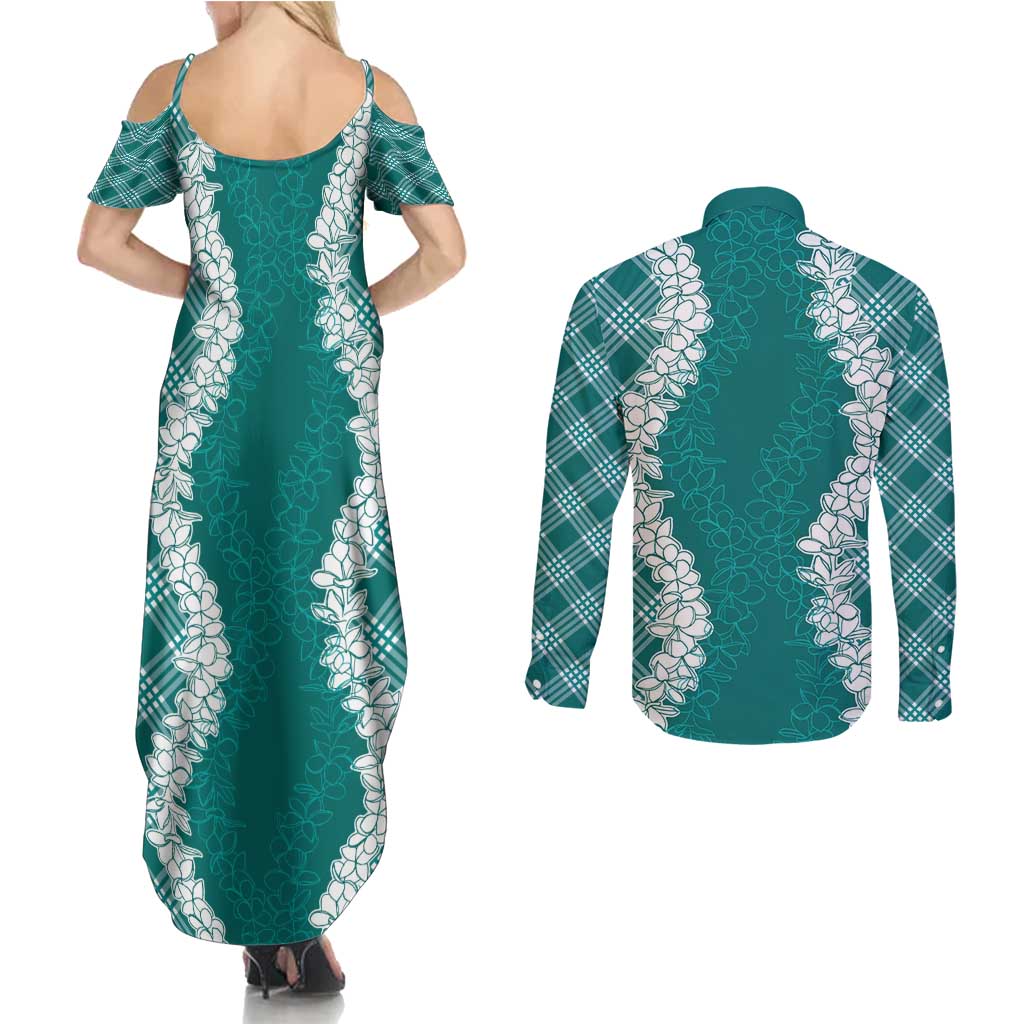Hawaii Aloha Plumeria Lei Teal Palaka Couples Matching Summer Maxi Dress and Long Sleeve Button Shirt - Polynesian Pride
