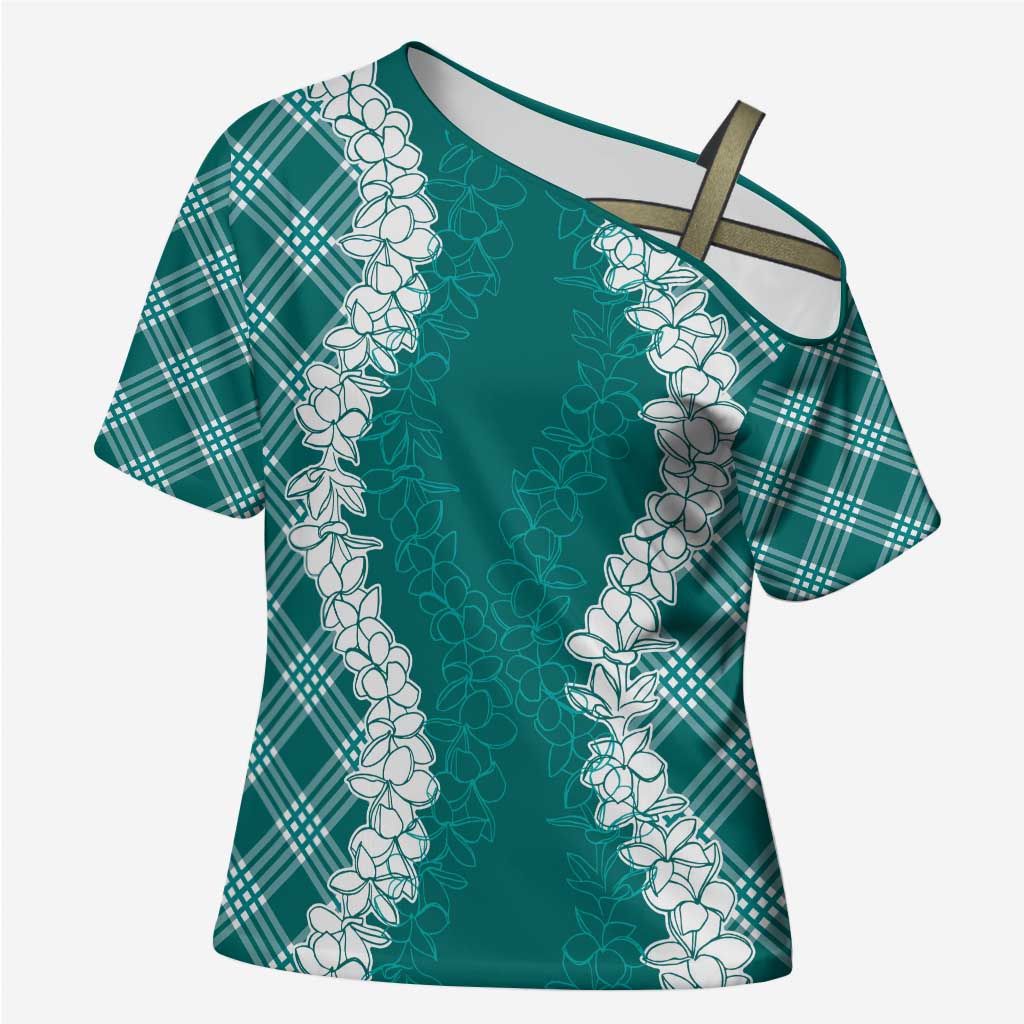 Hawaii Aloha Plumeria Lei Teal Palaka Cross Shoulder Shirt - Polynesian Pride