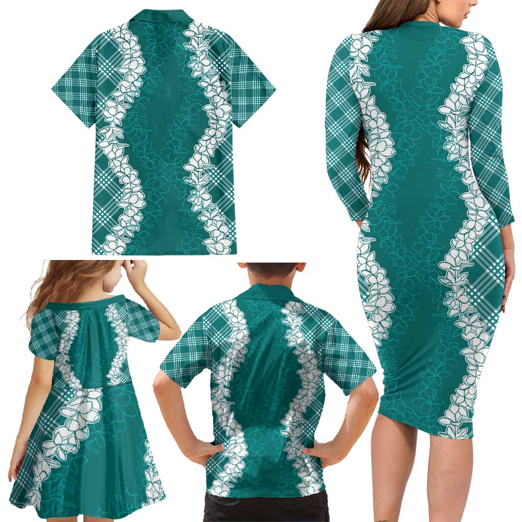 Hawaii Aloha Plumeria Lei Teal Palaka Family Matching Long Sleeve Bodycon Dress and Hawaiian Shirt - Polynesian Pride