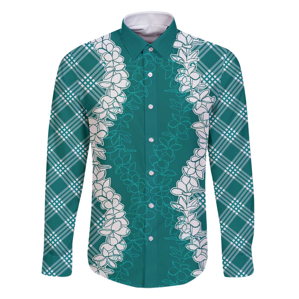 Hawaii Aloha Plumeria Lei Teal Palaka Family Matching Long Sleeve Bodycon Dress and Hawaiian Shirt - Polynesian Pride