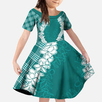 Hawaii Aloha Plumeria Lei Teal Palaka Family Matching Off The Shoulder Long Sleeve Dress and Hawaiian Shirt - Polynesian Pride