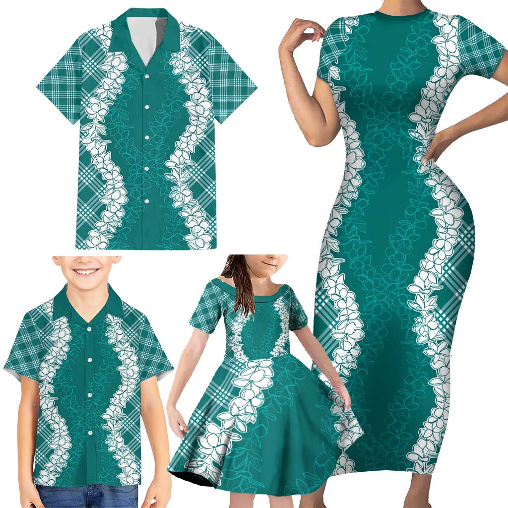 Hawaii Aloha Plumeria Lei Teal Palaka Family Matching Short Sleeve Bodycon Dress and Hawaiian Shirt - Polynesian Pride
