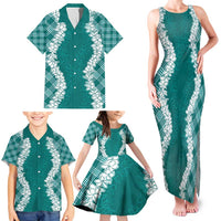 Hawaii Aloha Plumeria Lei Teal Palaka Family Matching Tank Maxi Dress and Hawaiian Shirt - Polynesian Pride