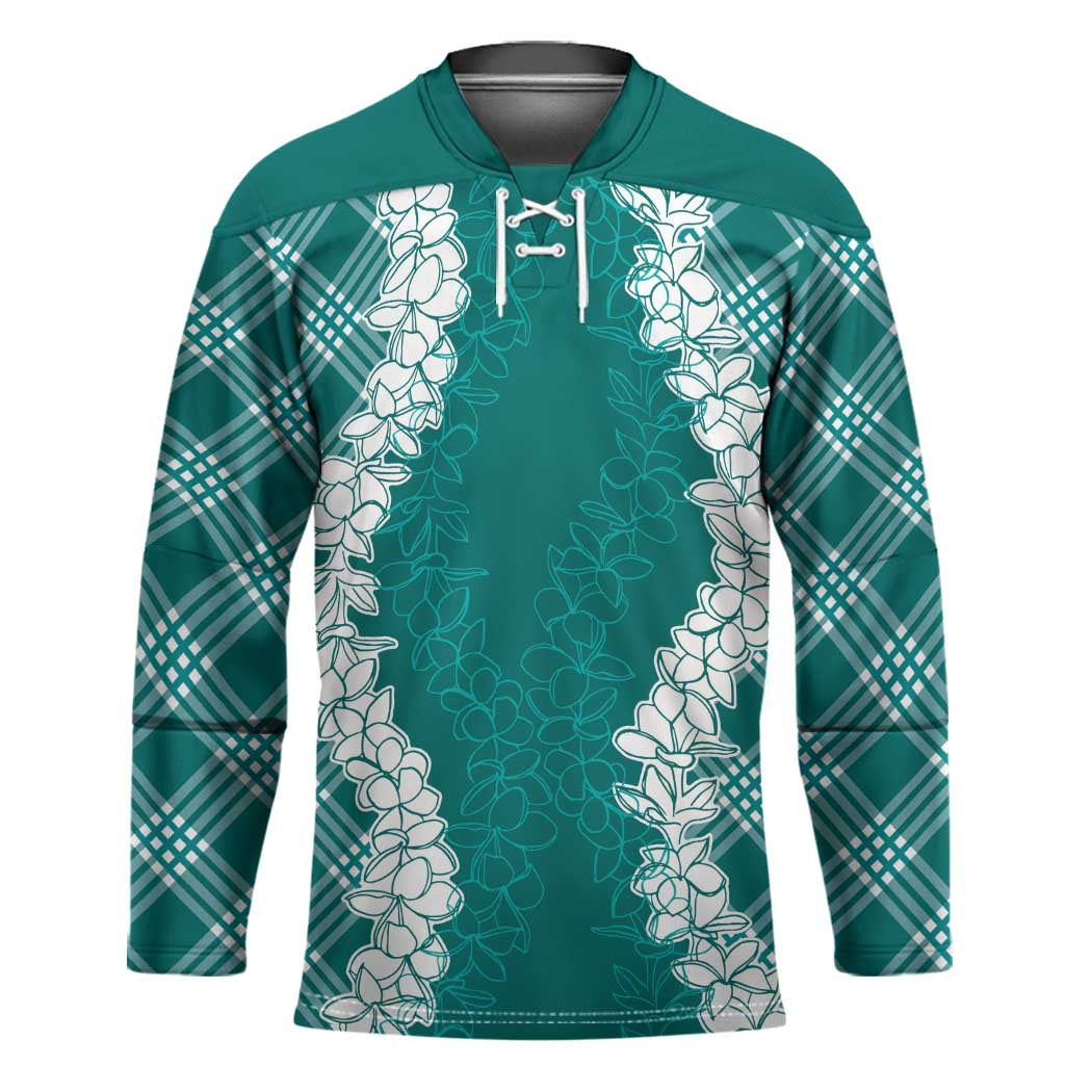 Hawaii Aloha Plumeria Lei Teal Palaka Hockey Jersey - Polynesian Pride