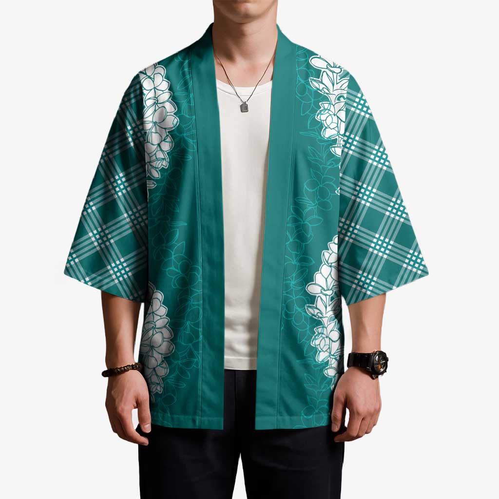 Hawaii Aloha Plumeria Lei Teal Palaka Kimono - Polynesian Pride